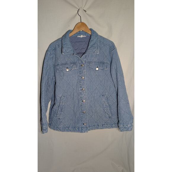 Jane + Delancey Womens Denim Style Quilted Button Front Jacket Sz L Blue Wash - Picture 1 of 7